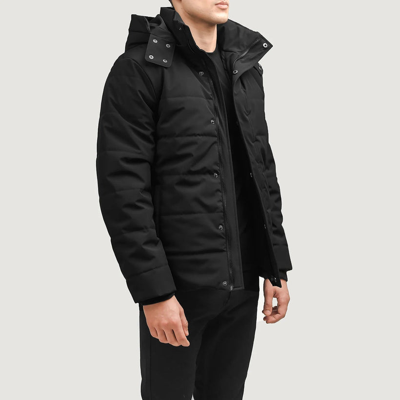 Exton Negro Hooded Down Puffer Chaqueta de Cuero para Hombre