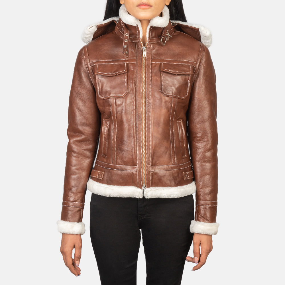 Women's Fiona Brown Hooded Shearling Leather Jacket in Brown Sheepskin Snuffed - Vista frontal y silueta a medida | Comprar online
