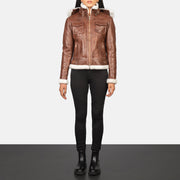 Women's Fiona Brown Hooded Shearling Leather Jacket - Vista de perfil lateral con corte ergonómico de manga