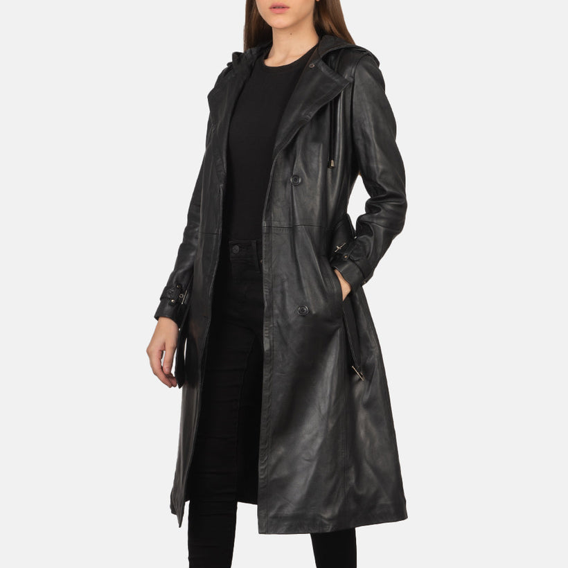 Fixon Hooded Negro Trench de Cuero para Mujer