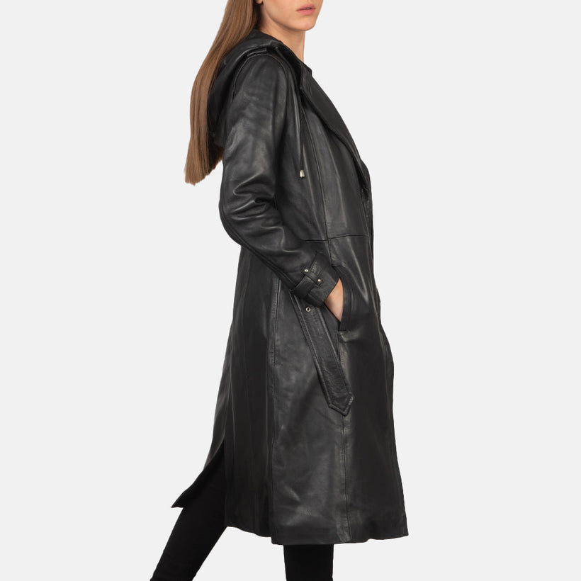 Fixon Hooded Negro Trench de Cuero para Mujer