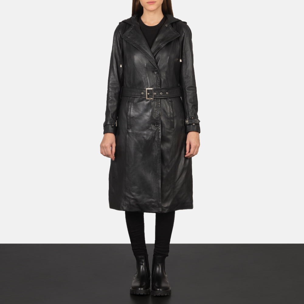 
Fixon Hooded Negro Gabardina Trench de Cuero para Mujer - Vista lateral mostrando el corte ergonómico de mangas