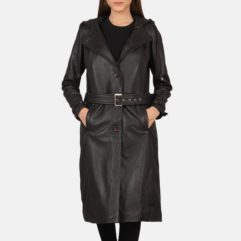 Fixon Hooded Marrón Trench de Cuero para Mujer