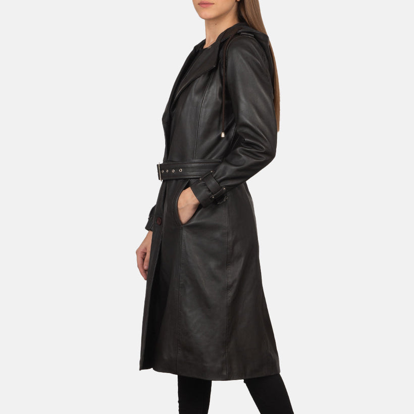 Fixon Hooded Marrón Trench de Cuero para Mujer
