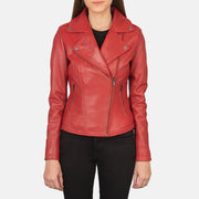 Women's Flashback Red Leather Biker Jacket in Red Sheepskin Leather - Vista frontal y silueta a medida | Comprar online