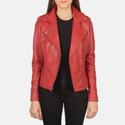Women's Flashback Red Leather Biker Jacket - Vista de perfil lateral con corte ergonómico de manga