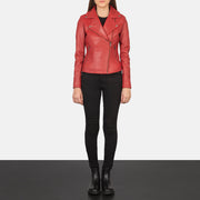 Detalle de cerca of Notch &amp; Zipper Hardware on Women's Flashback Red Leather Biker Jacket