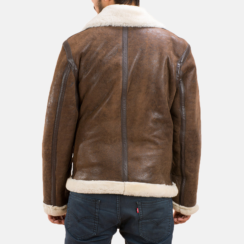 Distressed Brown Sheepskin Leather Aviator Jacket - Vista trasera con ajuste entallado en hombros y bajo impecable