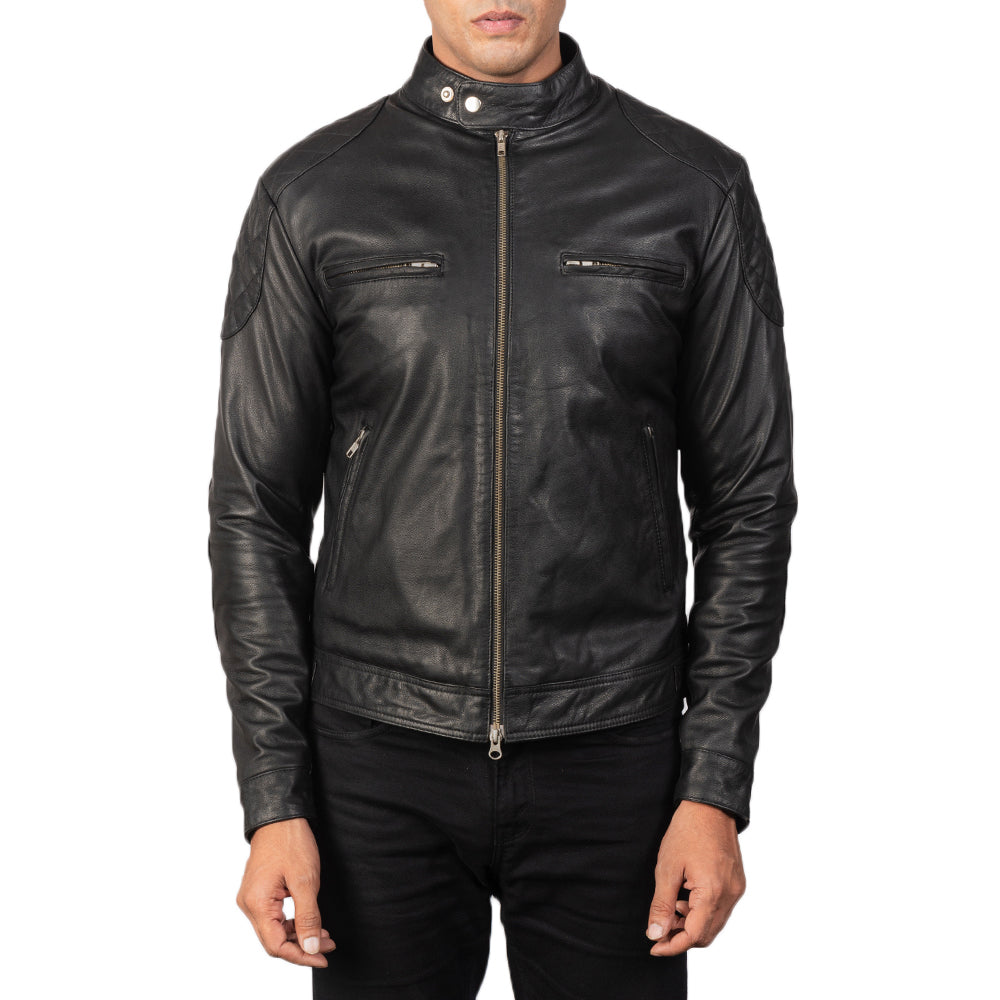 Detalle de cerca of Band with snap buttons &amp; Zipper Hardware on Men's Gatsby Quilted Black Leather Biker Jacket