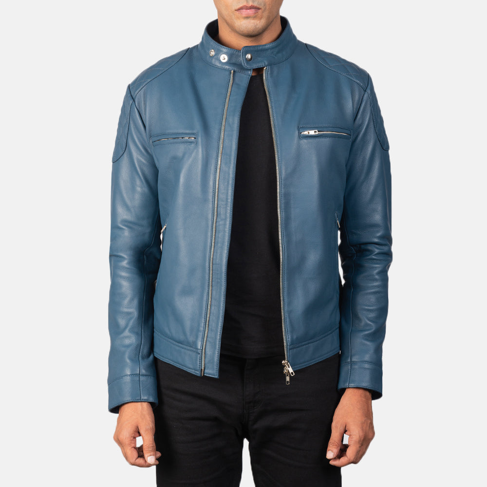 
Gatsby Quilted Blue Leather Biker Jacket in Blue Sheepskin Leather - Vista frontal y silueta entallada | Comprar online