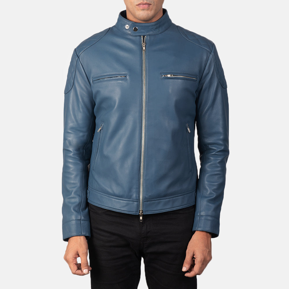 
Gatsby Quilted Blue Leather Biker Jacket - Vista lateral mostrando el corte ergonómico de mangas