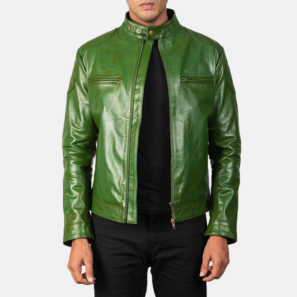 
Gatsby Quilted Green Leather Biker Jacket in Green Sheepskin Burnishing - Vista frontal y silueta entallada | Comprar online