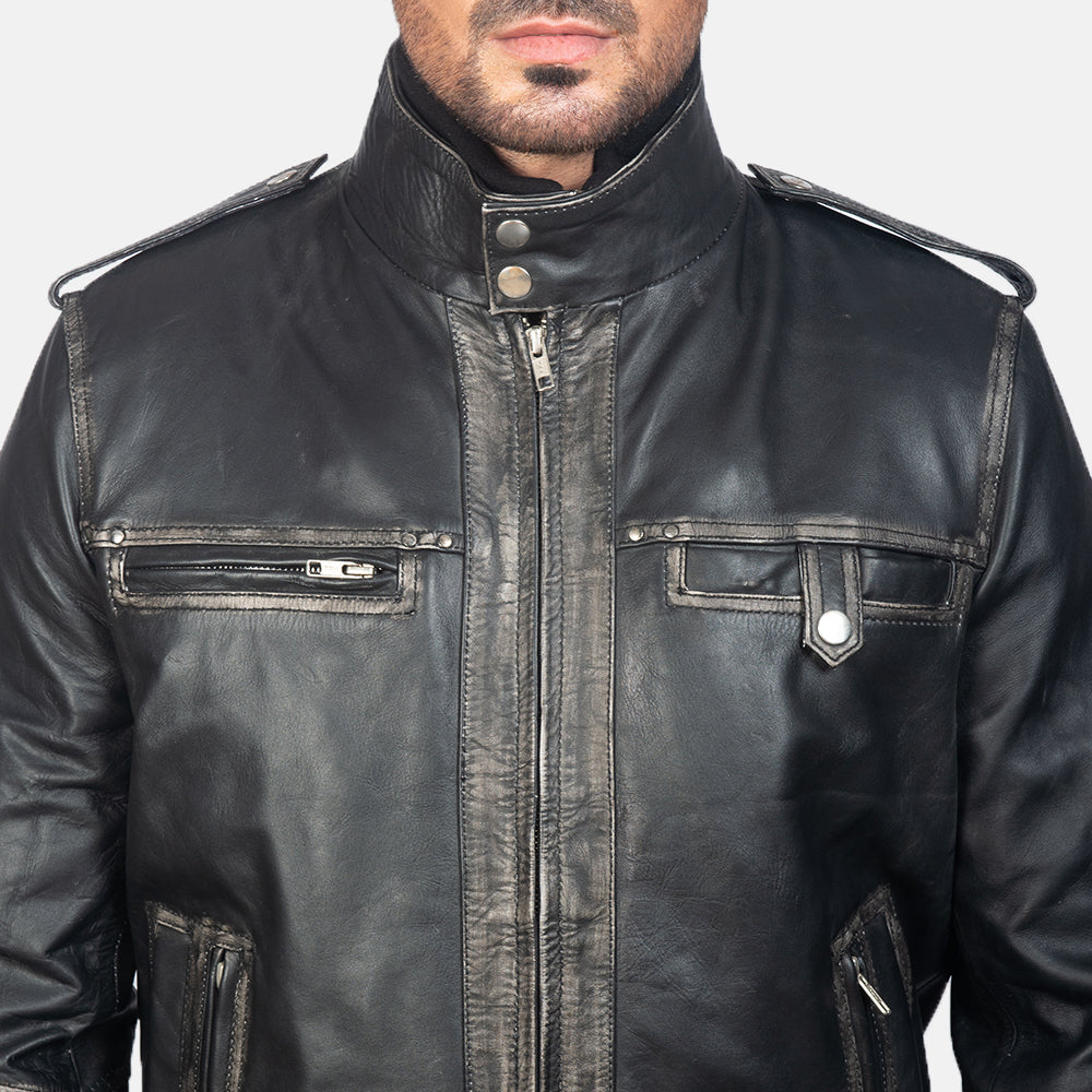 Glen Street Negro Cazadora Bomber de Cuero para Hombre - Vista de perfil lateral con corte ergonómico de manga
