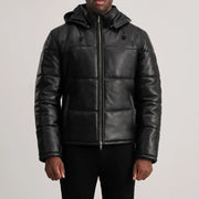 
Vista de detalle of High neck & Zipper Hardware on Gordon Tan Hooded Leather Puffer Jacket
