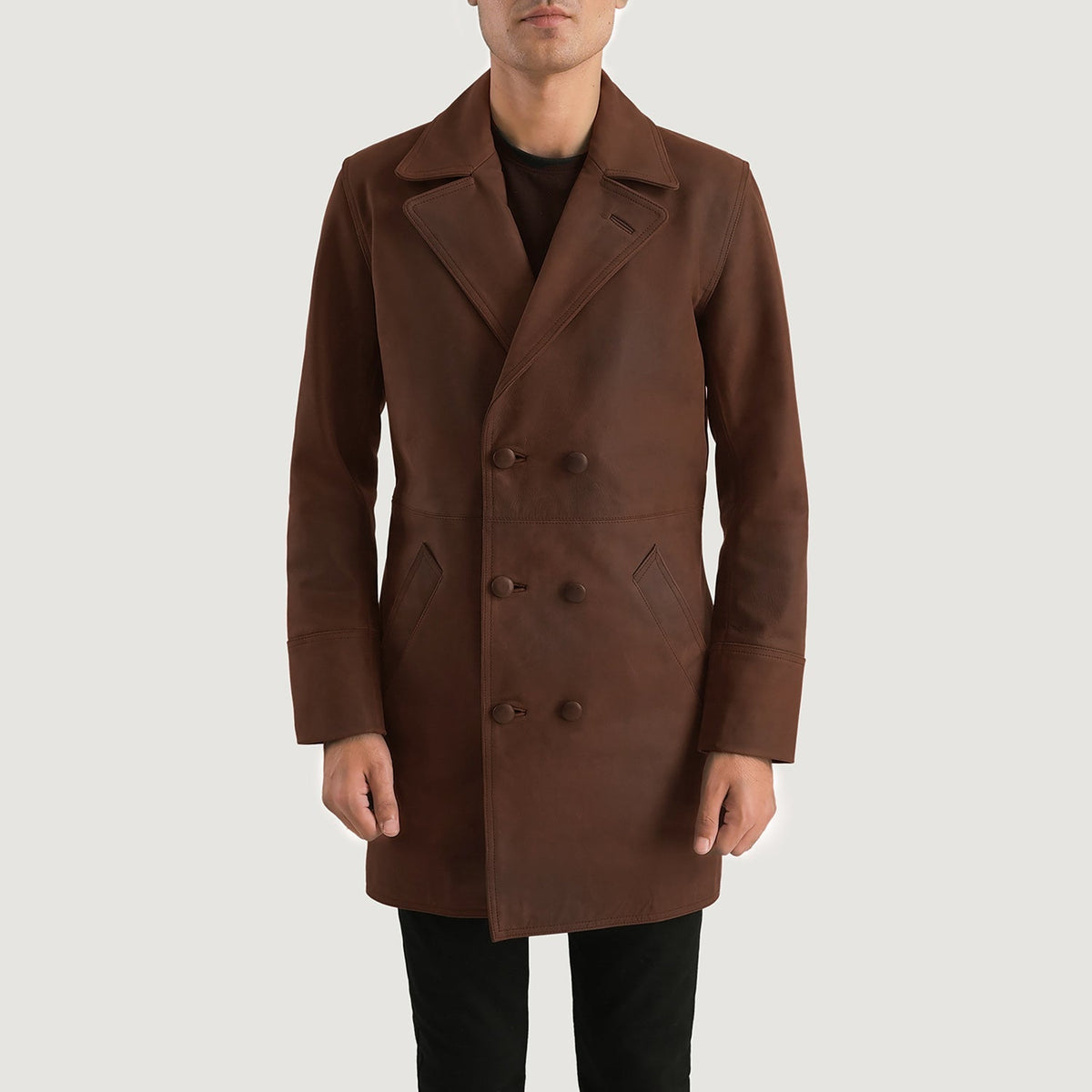 Men's Half Life Marrón Abrigo de Cuero para Hombre in Distressed Brown Cowhide Leather - Vista frontal y silueta a medida | Comprar online