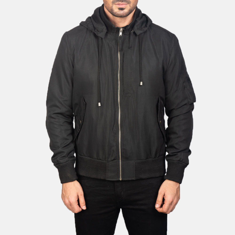 
Vista de detalle of Knit Rib with Removable Polyester Hood & Zipper Hardware on Hanklin Ma-1 Black Hooded Bomber Jacket