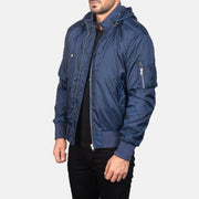 
Blue Nylon Bomber Jacket - Vista posterior con hombros definidos y bajo impecable