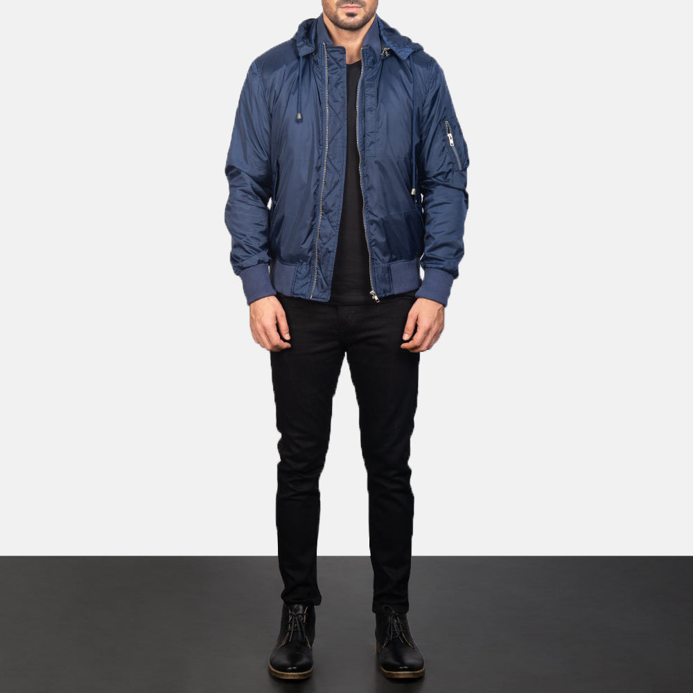 
Blue Hooded Bomber Jacket - Vista lateral mostrando el corte ergonómico de mangas