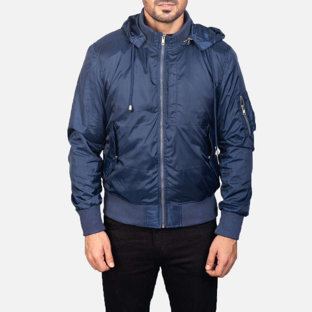 
Vista de detalle of Knit Rib with Removable Nylon Hood & Zipper Hardware on Blue Hooded Bomber Jacket