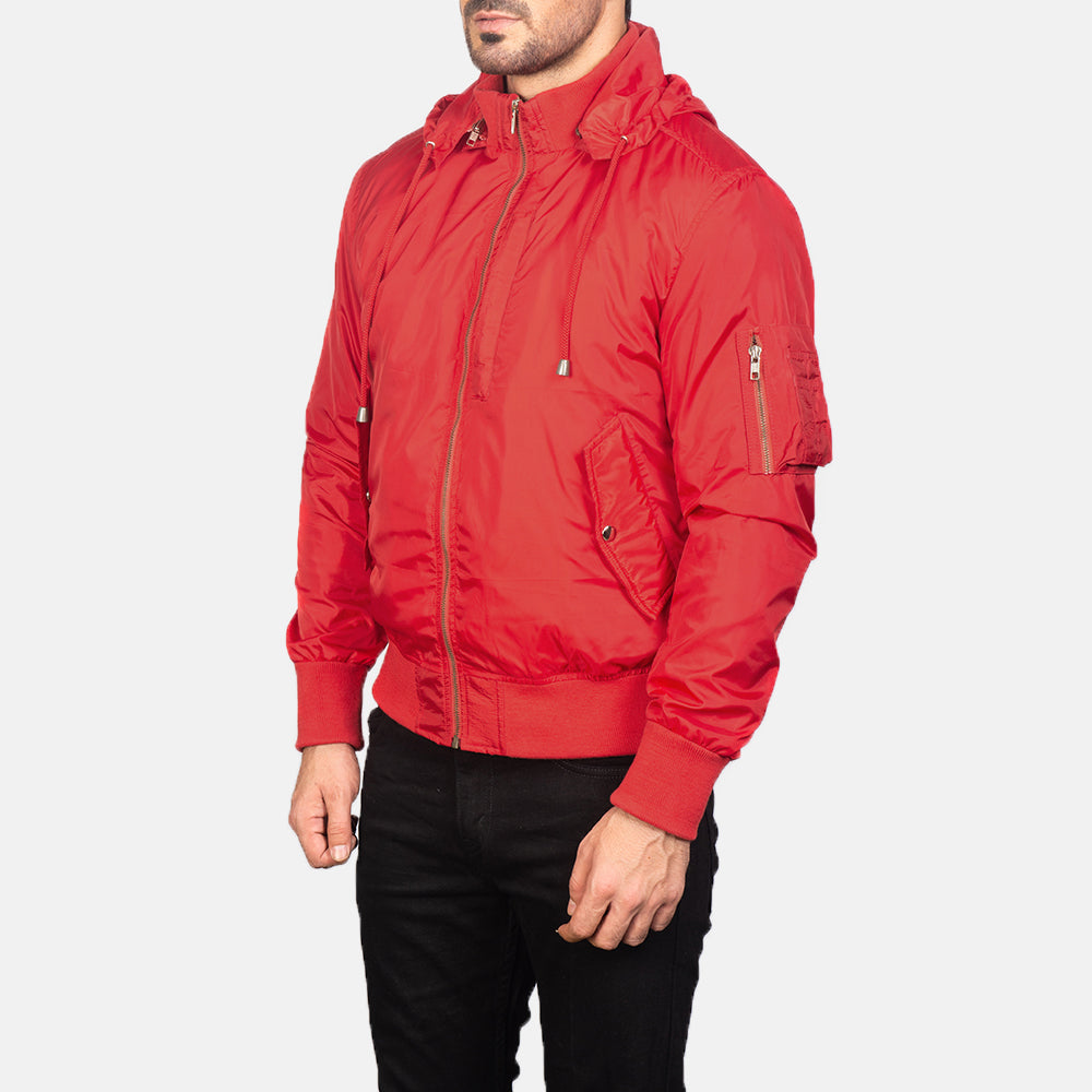 Red Nylon Bomber Jacket - Vista trasera con ajuste entallado en hombros y bajo impecable