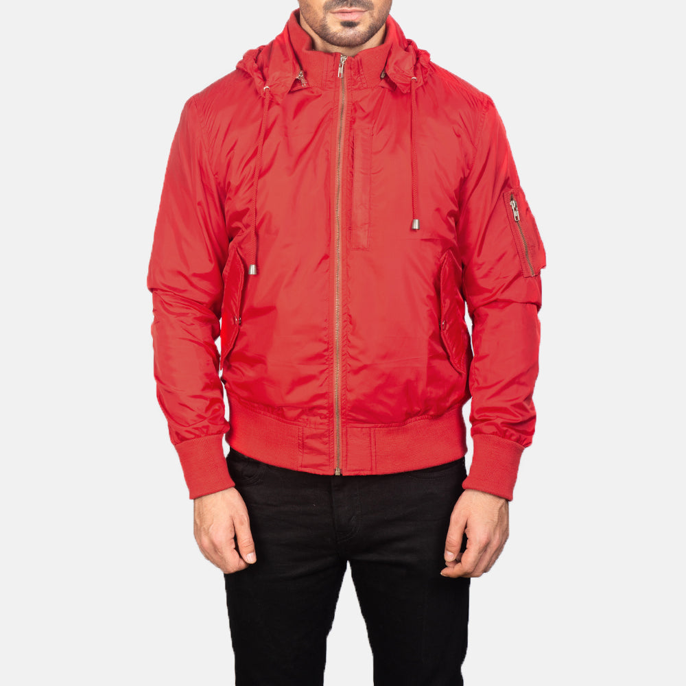 Detalle de cerca of Knit Rib with Removable Nylon Hood &amp; Zipper Hardware on Men's Hanklin Ma-1 Red Hooded Bomber Jacket