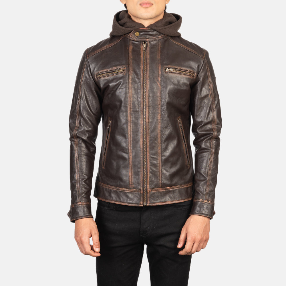 
Vista de detalle of Band with Snap Button & Zipper Hardware on Hector Marrón Vintage Hooded Chaqueta Biker de Cuero para Hombre