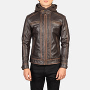 
Vista de detalle of Band with Snap Button & Zipper Hardware on Hector Marrón Vintage Hooded Chaqueta Biker de Cuero para Hombre