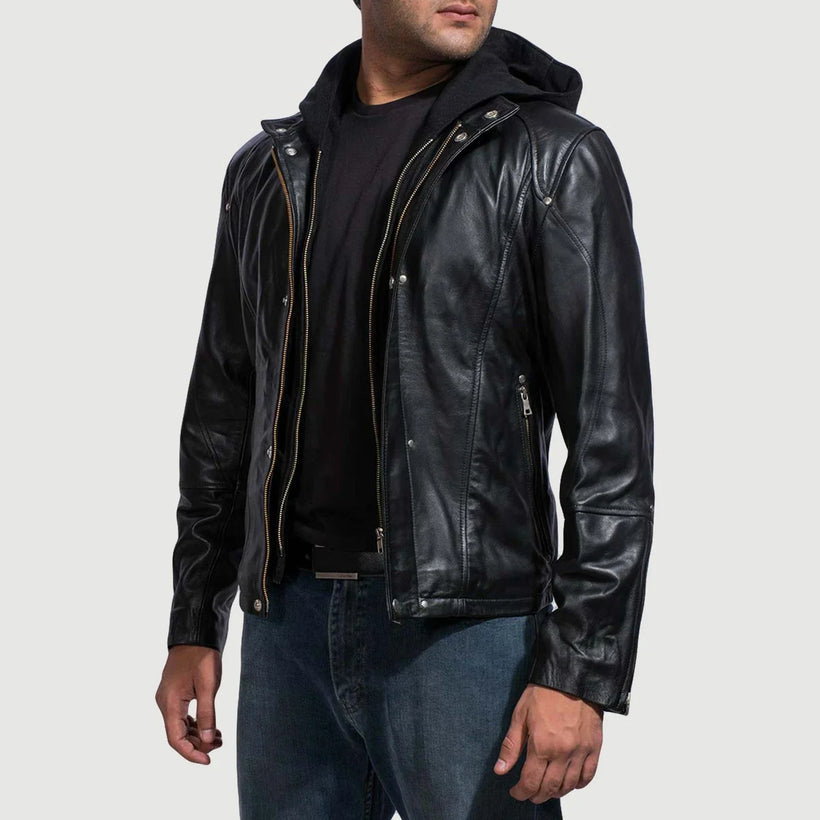 Highschool Negro Hooded Chaqueta de Cuero para Hombre