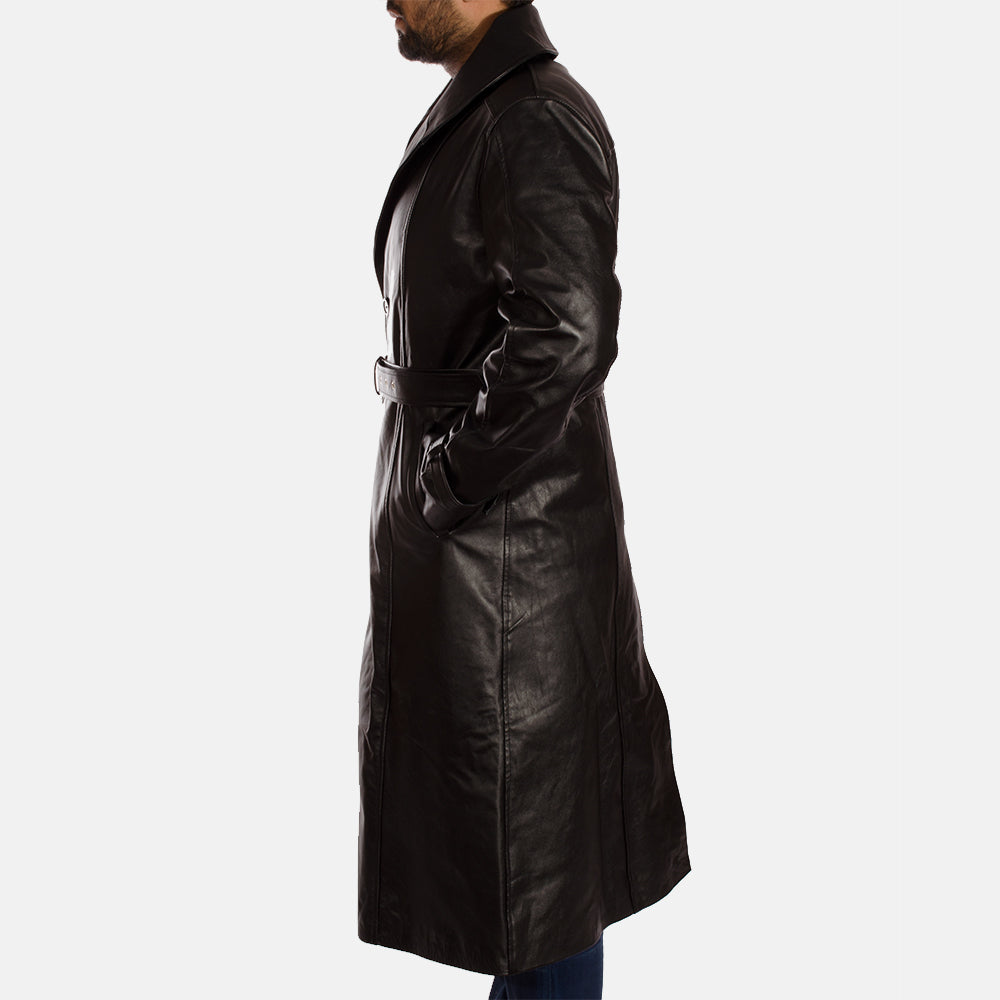 
Vista de detalle of Notch & Button & Waist belt Hardware on Hooligan Negro Gabardina Trench de Cuero para Hombre