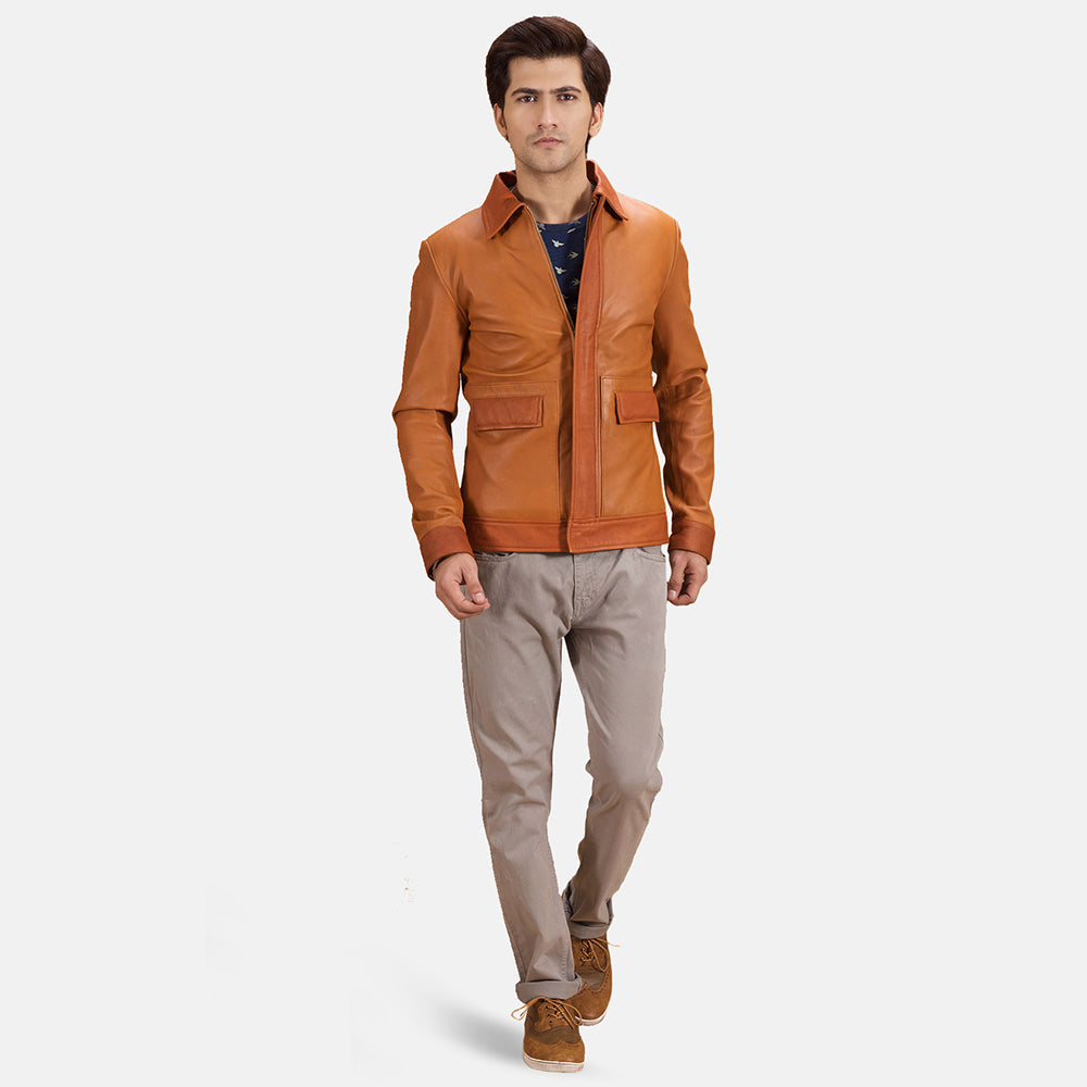 Detalle de cerca of Shirt &amp; Zipper with wind flap Hardware on Hubert Tostado Marrón Chaqueta de Cuero para Hombre
