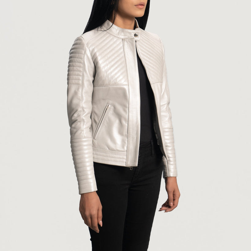 Ice Maiden Silver Acolchado Chaqueta Biker de Cuero para Mujer