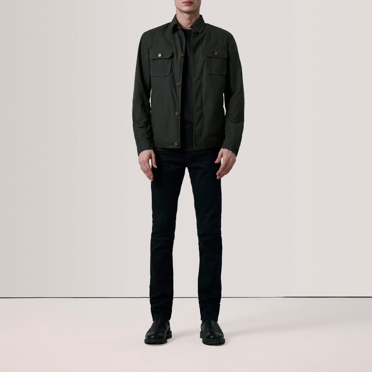 Olive Waxed Cotton Canvas Leather Jacket - Vista trasera con ajuste entallado en hombros y bajo impecable