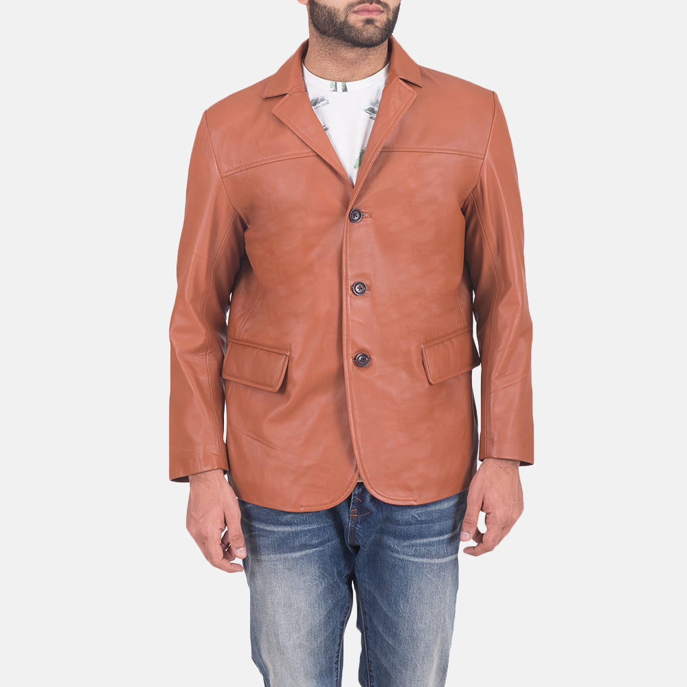 
James Tostado Marrón Blazer de Cuero de Cuero para Hombre in Brown Sheepskin Leather - Vista frontal y silueta entallada | Comprar online
