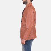 
James Tostado Marrón Blazer de Cuero de Cuero para Hombre - Vista lateral mostrando el corte ergonómico de mangas