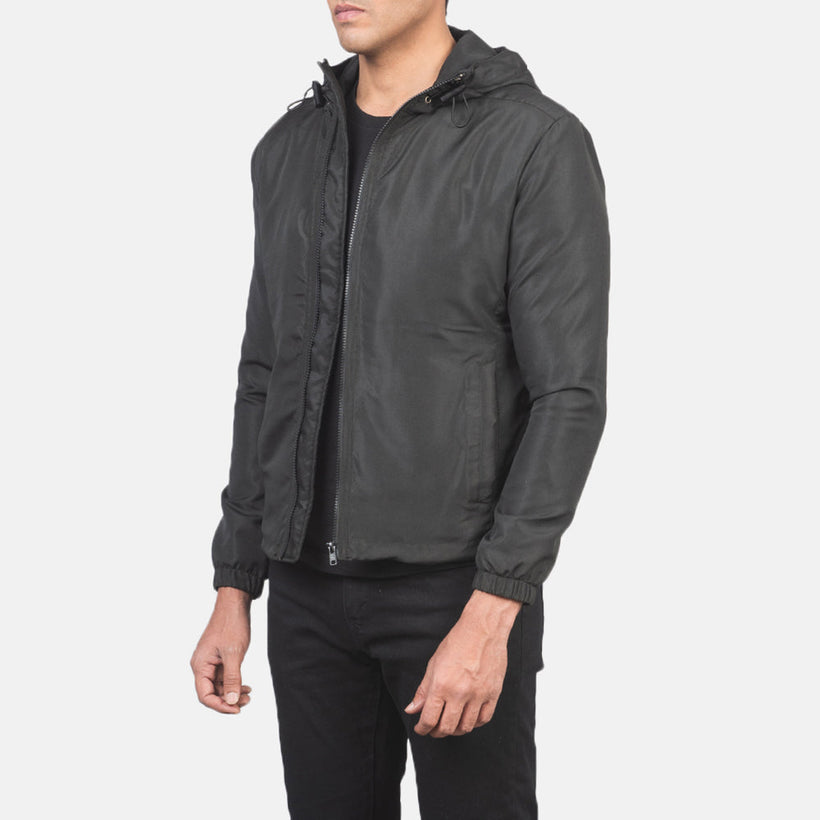 Jimmy Negro Hooded Windbreaker Chaqueta de Cuero para Hombre