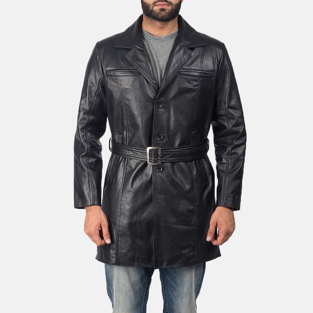 Men's Jordan Negro Abrigo de Cuero para Hombre in Black Cowhide Leather - Vista frontal y silueta a medida | Comprar online