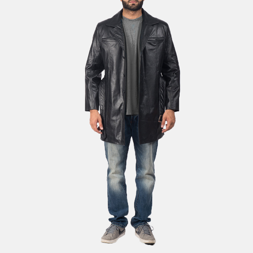 Men's Jordan Negro Abrigo de Cuero para Hombre - Vista de perfil lateral con corte ergonómico de manga