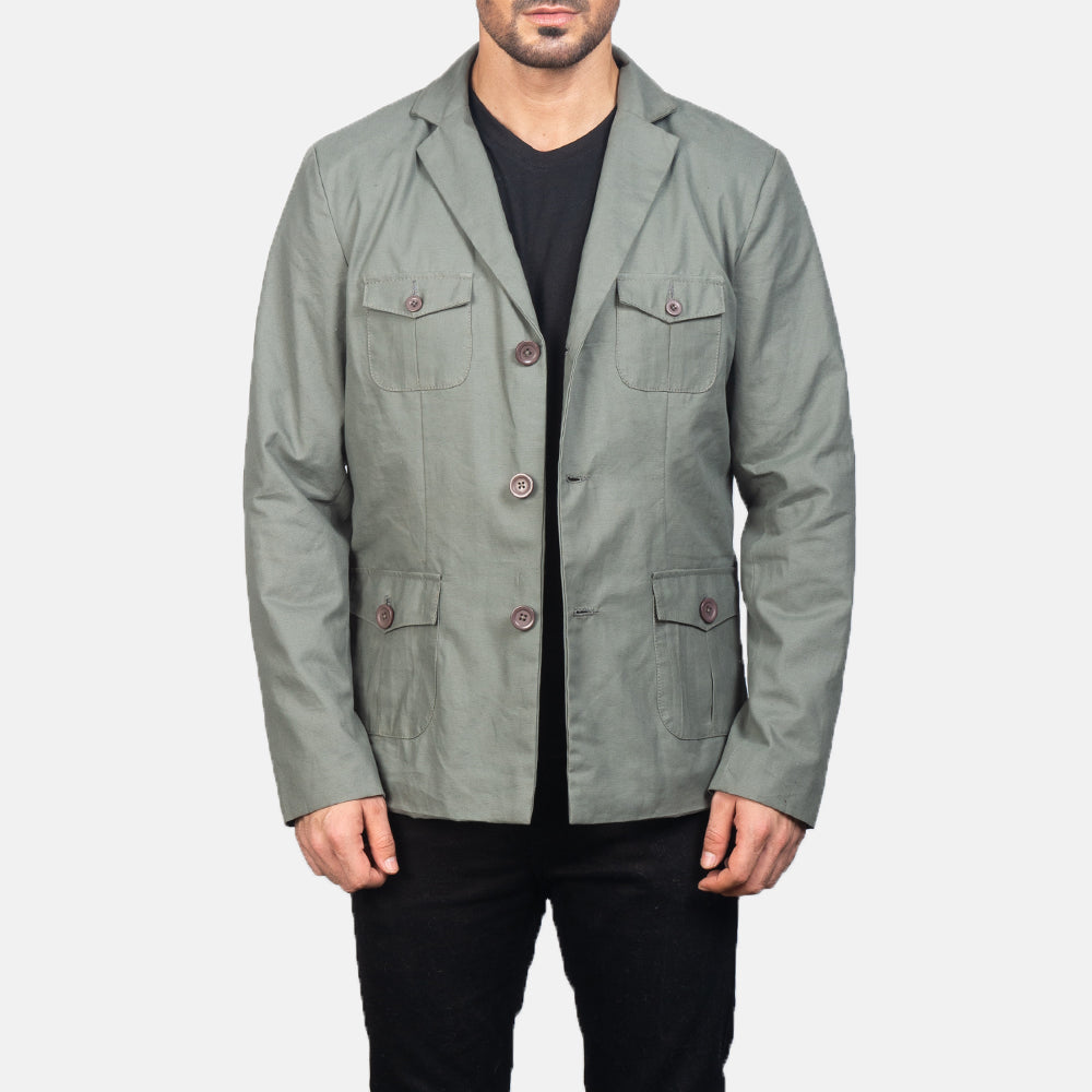 Kajetan Gris Safari Chaqueta de Cuero para Hombre in Grey Poly-Cotton - Vista frontal y silueta a medida | Comprar online