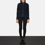 Women's Kelsee Navy Blue Suede Biker Jacket - Vista de perfil lateral con corte ergonómico de manga
