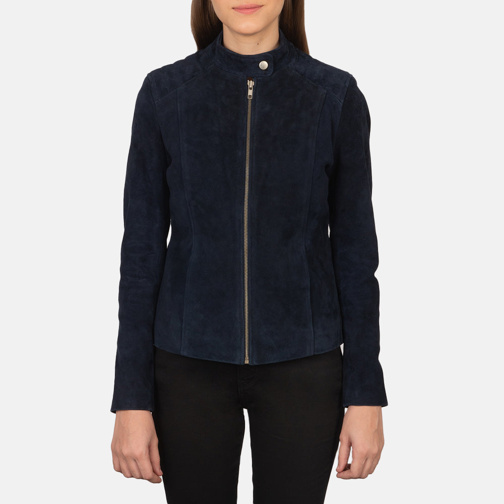 Detalle de cerca of Band with snap button &amp; Zipper Hardware on Women's Kelsee Navy Blue Suede Biker Jacket