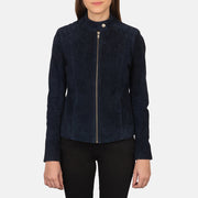 Detalle de cerca of Band with snap button &amp; Zipper Hardware on Women's Kelsee Navy Blue Suede Biker Jacket