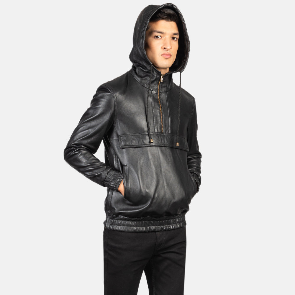 Detalle de cerca of Classic Collar &amp; Heavy-Duty Zipper Hardware on Men's Kenton Hooded Blue Suede Pullover Jacket