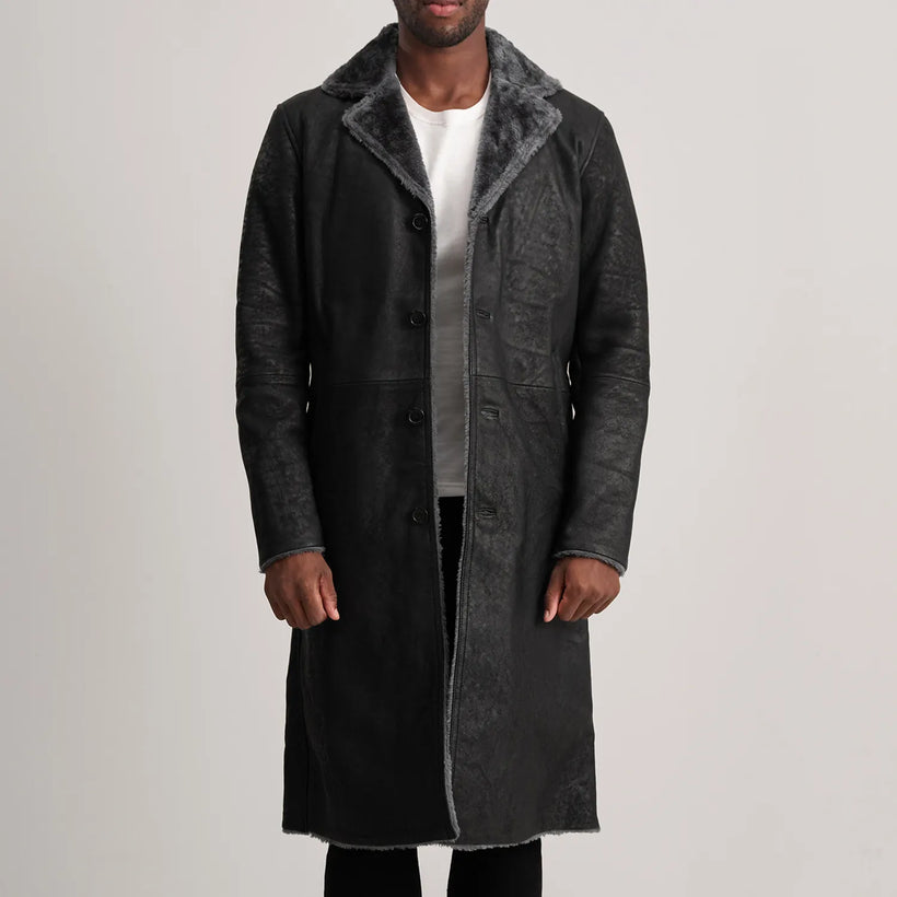 Kolby Negro Envejecido Leather Shearling Abrigo de Cuero para Hombre
