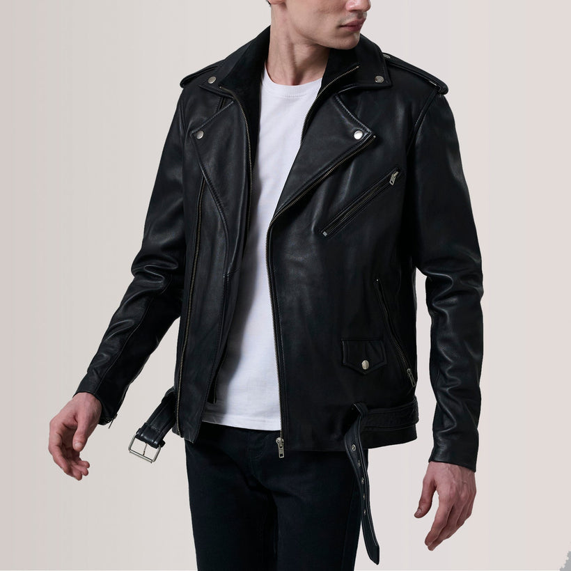 Kole Negro Leather Double Rider Chaqueta de Cuero para Hombre