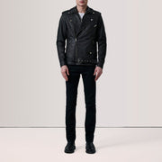 
Distressed Black Sheepskin Snuffed Biker Jacket - Vista posterior con hombros definidos y bajo impecable