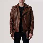 
Kole Waxed Marrón Leather Double Rider Chaqueta de Cuero para Hombre in Distressed Brown Sheepskin Burnished - Vista frontal y silueta entallada | Comprar online