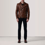 
Distressed Brown Sheepskin Burnished Biker Jacket - Vista posterior con hombros definidos y bajo impecable