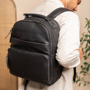 Classic 100% Full-Grain leather Backpack - Rear Perspective Showing Reinforced Leather Straps &amp; Stitching