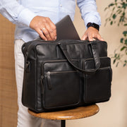 Misha Full-Grain Leather Laptop Bag para Mujer - Structured Side Profile Showing Gusset Depth &amp; Expansion Capacity