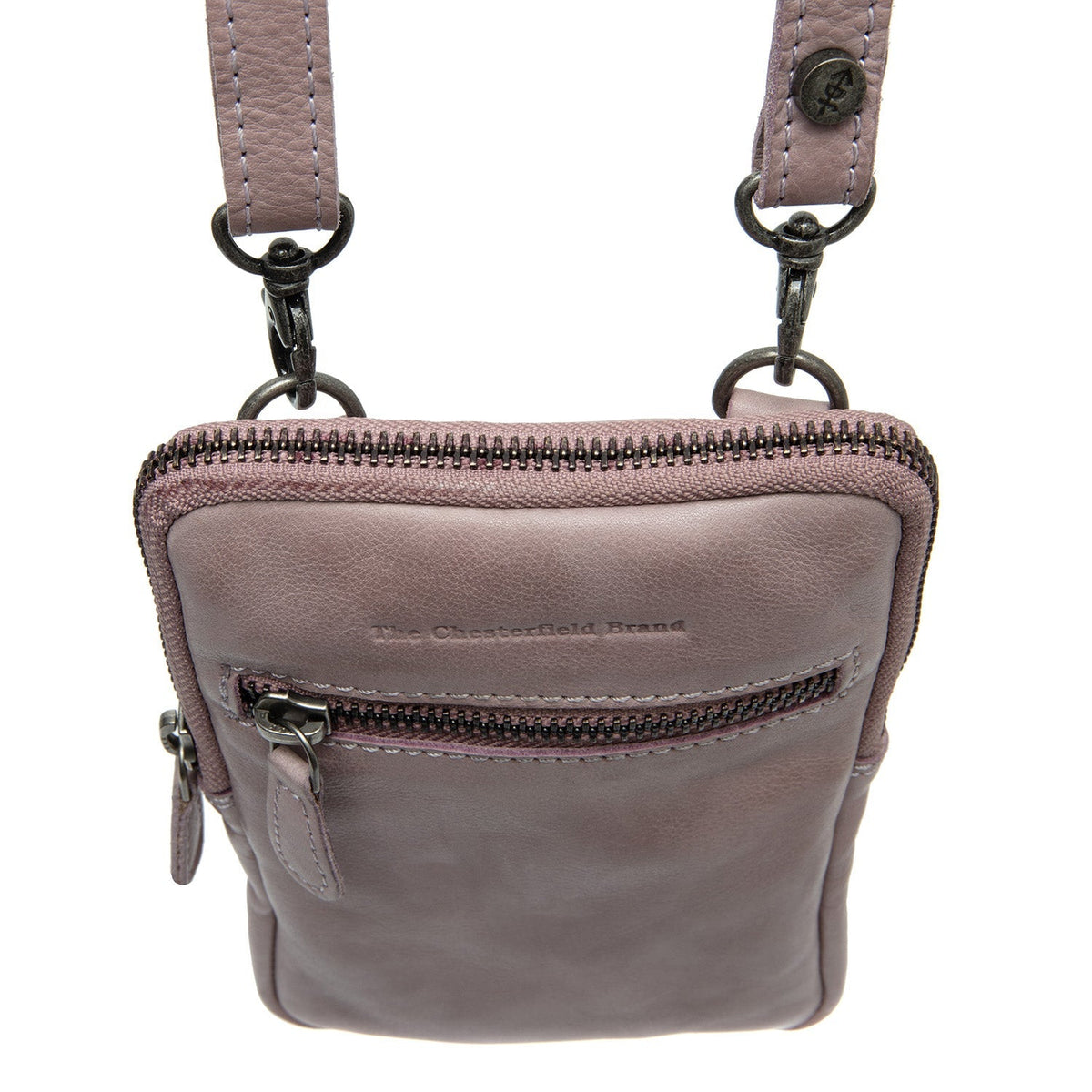Detalle de cerca of Classic Collar &amp; Heavy-Duty Zipper Hardware on Salta Cuero flor integral Phone Bag